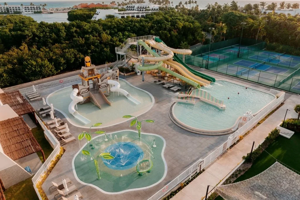 Water park with slides and tennis courts at Club Med Cancun, Mexico