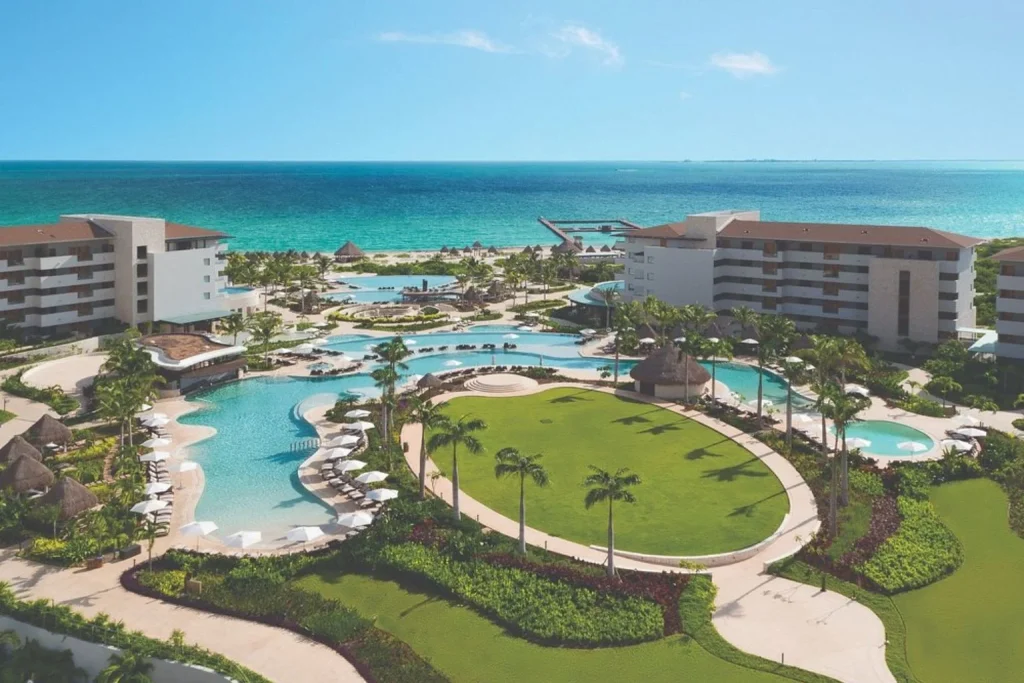 Pool and ocean view at Dreams Playa Mujeres Golf & Spa Resort in Playa Mujeres, Mexico