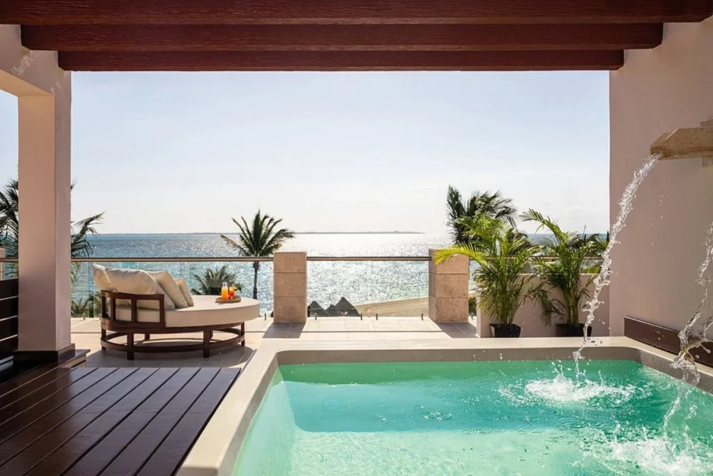 Private pool terrace overlooking the ocean at Excellence Playa Mujeres in Cancun