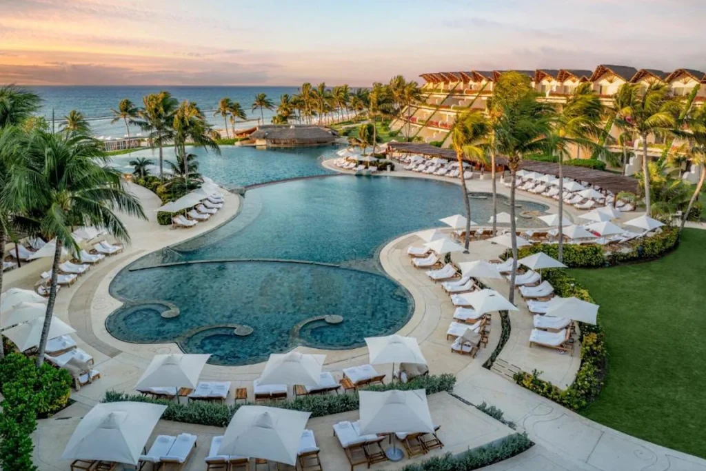 Lagoon-style infinity pool overlooking the Caribbean Sea at Grand Velas Riviera Maya in Playa del Carmen, Riviera Maya, Mexico.