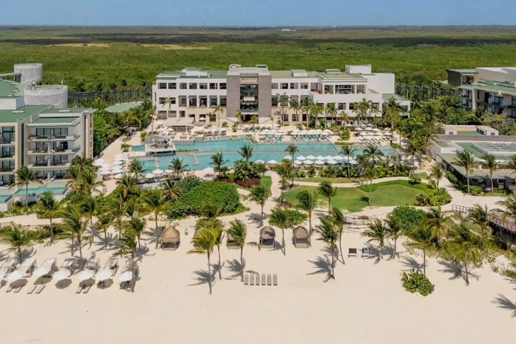 Aerial view of beachfront pool and resort at Haven Riviera Cancun