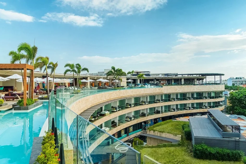Main hotel and rooftop pool at Hyatt Centric Playa del Carmen Downtown in Riviera Maya.