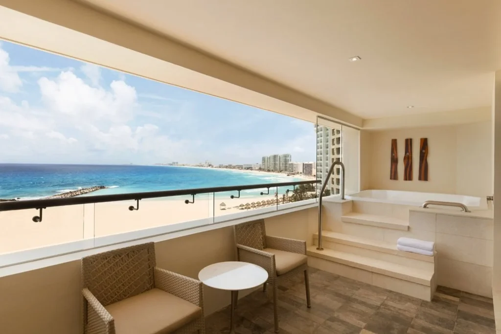 Ocean-view suite terrace with private hot tub at Hyatt Ziva Cancun in Cancun