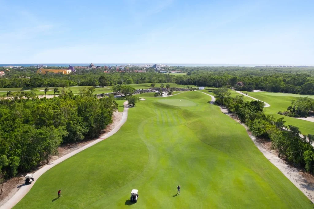 Scenic golf course with lush fairways, lagoons and views toward the Caribbean coast, JOIA Paraiso by Iberostar, Riviera Maya