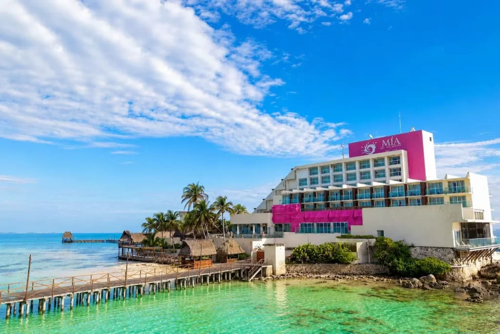 Beachfront exterior of Mia Reef Isla Mujeres overlooking the Caribbean Sea near Cancun