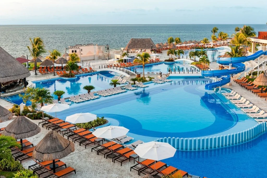 Pools and water slides overlooking the ocean at Moon Palace Cancun, Mexico