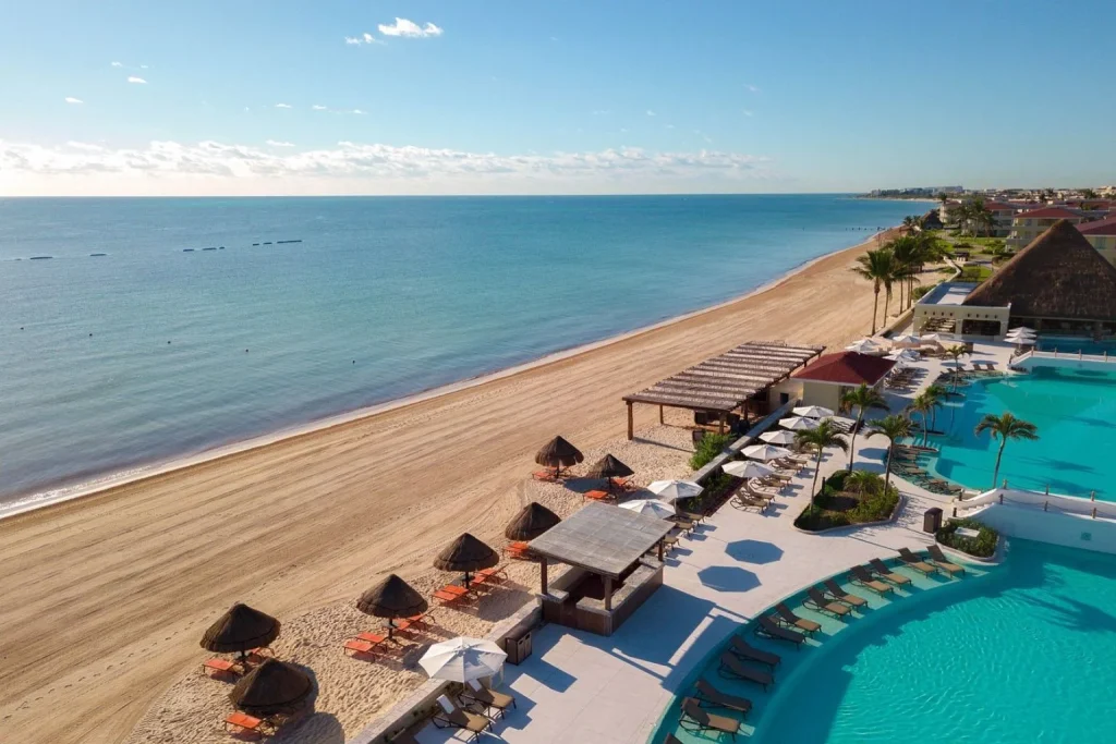 Beachfront pools and Caribbean beach at Moon Palace Cancun in Riviera Maya, Mexico.