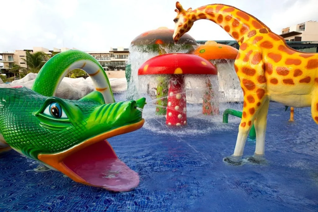 Kids water play area with animal figures and splash features at Royalton Riviera Cancun in Cancún, Mexico