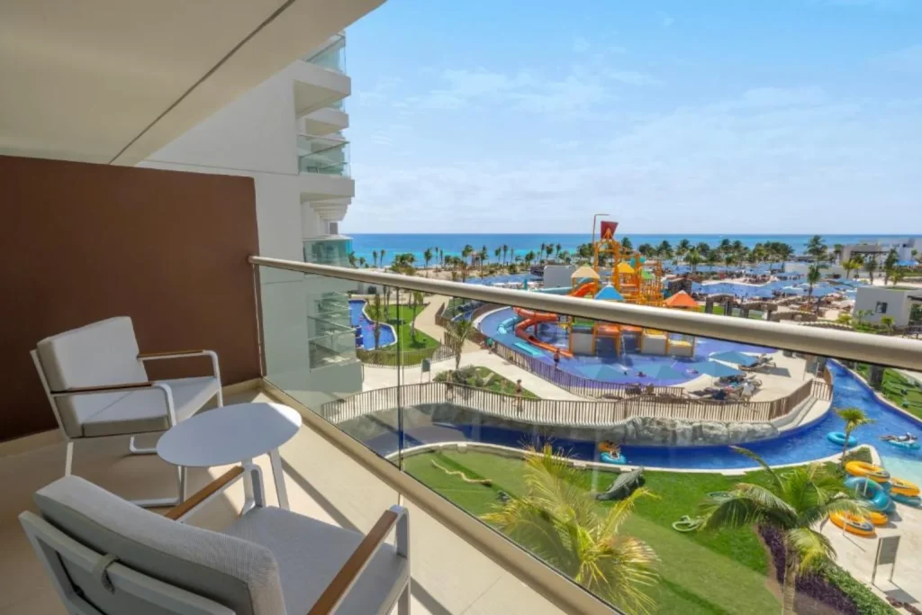 Balcony overlooking the pools and water park  at Royalton Splash Riviera Cancun.