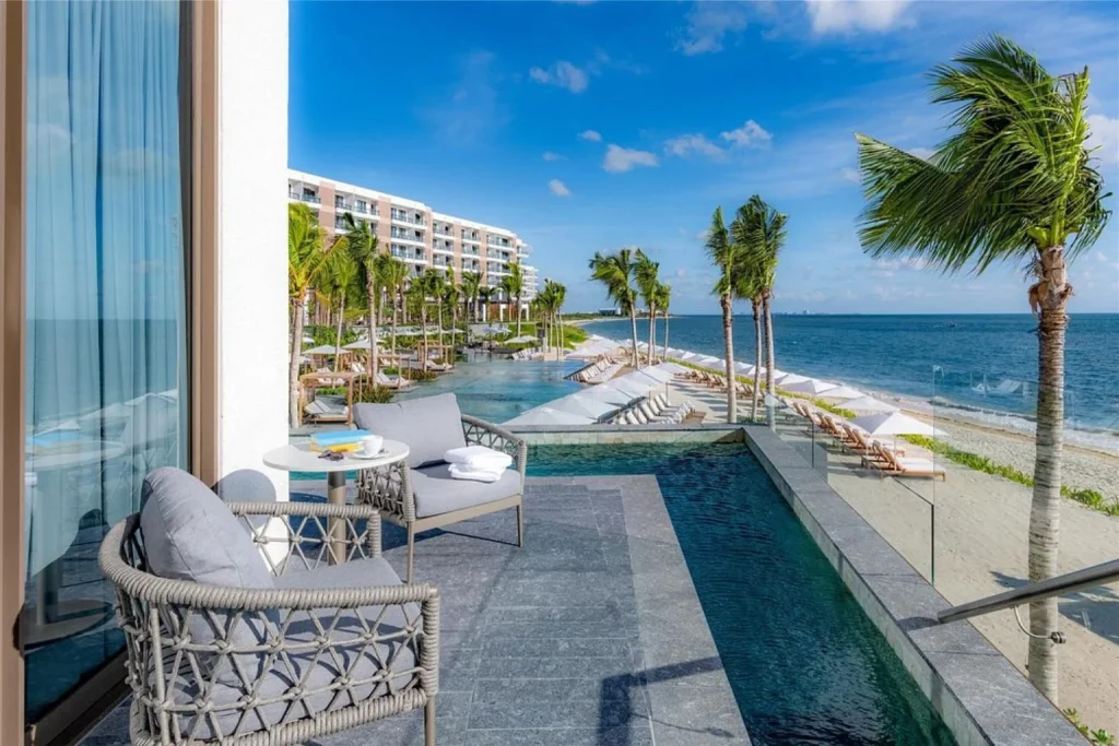 Private terrace plunge pool overlooking the Caribbean Sea at Waldorf Astoria Riviera Maya in Riviera Maya, Mexico.