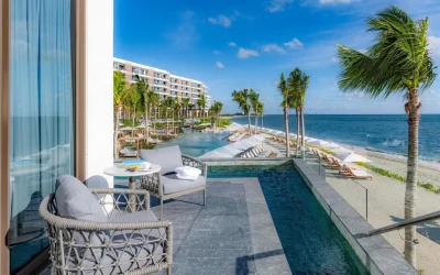 Private terrace plunge pool overlooking the Caribbean Sea at Waldorf Astoria Riviera Maya in Riviera Maya, Mexico.