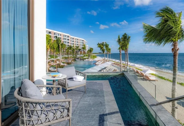 Private terrace plunge pool overlooking the Caribbean Sea at Waldorf Astoria Riviera Maya in Riviera Maya, Mexico.